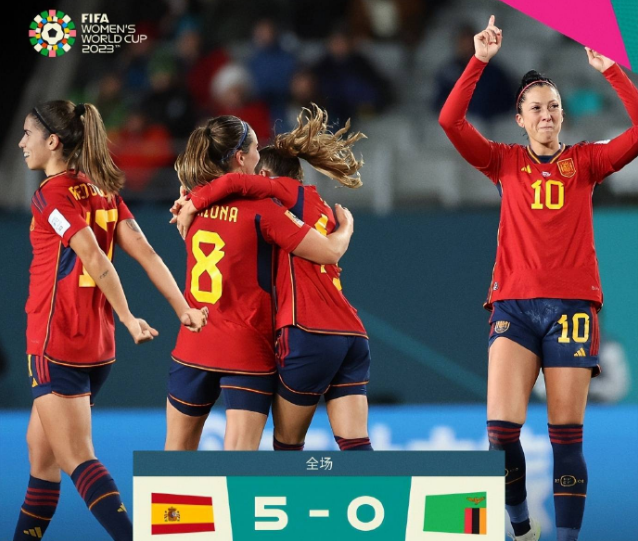 女足世界杯今日比赛结果：西班牙女足5-0大胜赞比亚，开始提前冲冠！